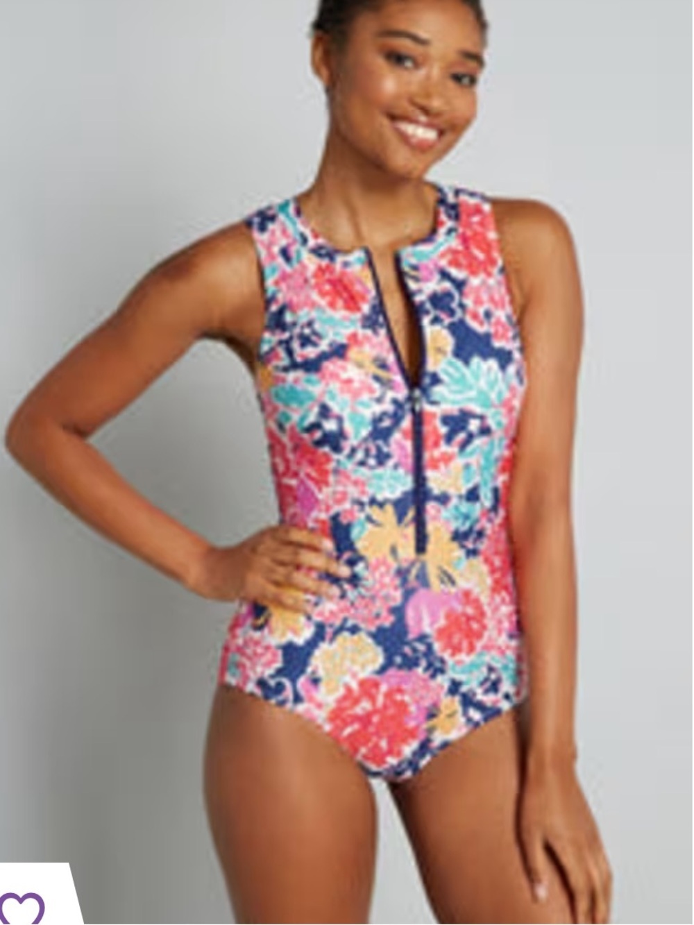 ModCloth The Amber One-Piece Swimsuit zip chest floral